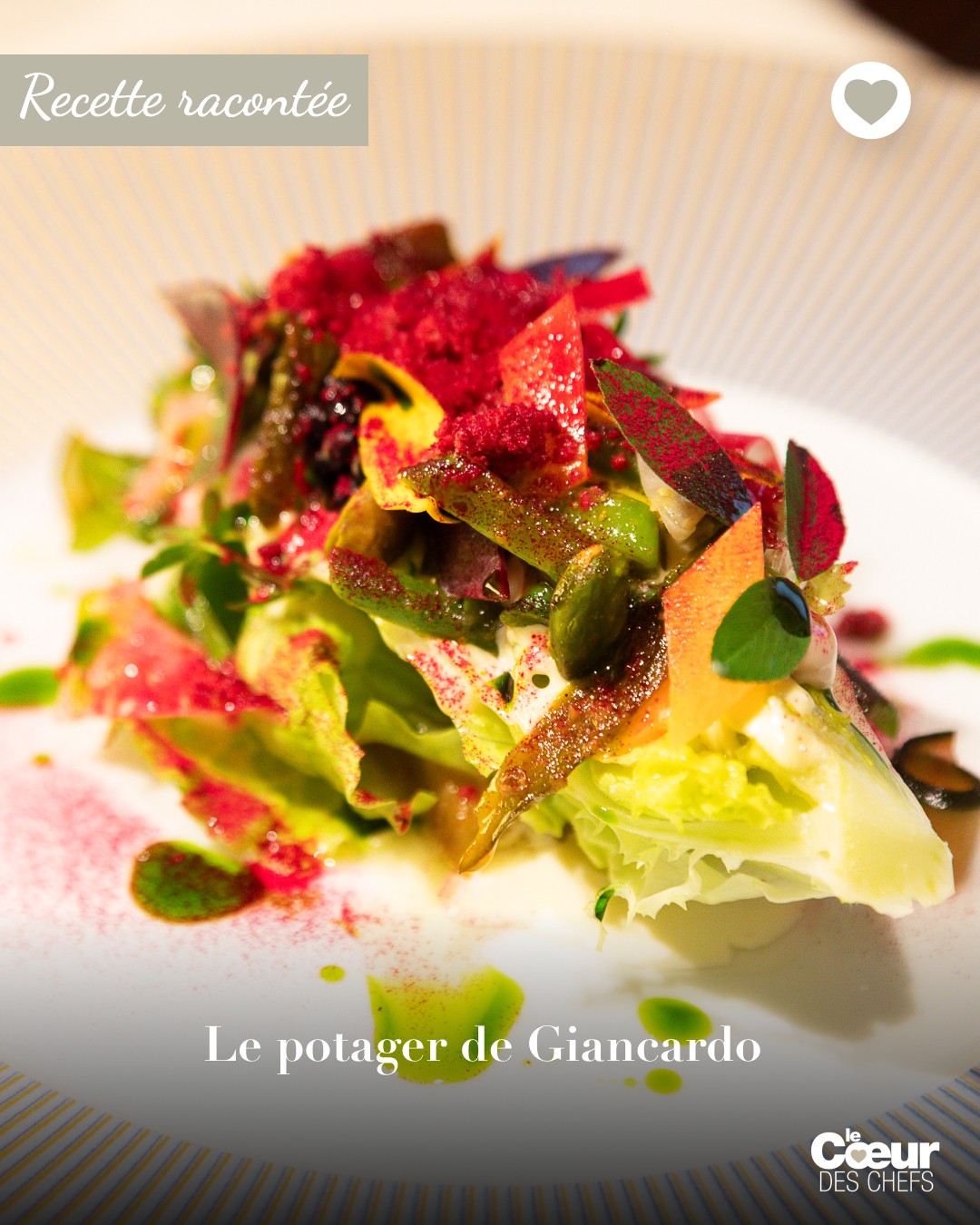 Recette racontée : Le potager de Giancarlo, par @negrinipisani_chef à @aimoenadia 
.
Ce plat rend hommage à un petit terrain acheté il y a cinquante ans par Aimo, situé à Gaggiano, tout près de Milan. Giancarlo en était le jardinier et le potager porte toujours son nom. Fabio et Alessandro l’ont gardé et perpétuent un plat qui valorise les produits issus de ce potager en se déclinant selon la saison : ici une tête de salade Salanova, des haricots verts, des pois gourmands, du fenouil, mais en automne il y aura des châtaignes crues. 
.
Fabio et Alessandro nous expliquent cette construction réalisée en hauteur : « On commence par préparer des aubergines tranchées à la mandoline, dégorgées, enfournées pendant dix minutes avec du thym puis pressées dans une marinade dense, réalisée avec de l’huile d’olive, du miel et du vinaigre. Ensuite, on s’attaque aux différentes sauces : une mayonnaise “aïoli“, un “leche de tigre“ (framboises, gingembre et oignons que l’on turbine ensuite en granité), une mayonnaise aux noix et au vinaigre de pomme, une vinaigrette de pistaches grillées à la menthe, une fondue de provola à la scamorza fumée et une huile de basilic.”
.
“Au dernier moment, on passe les petits légumes à la poêle dans un peu de beurre et de poivre. On réserve et dans le beurre restant, on passe rapidement la tête de salade coupée en deux. Dans l’assiette, on démarre par les aubergines, on verse la fondue de scamorza dessus puis on dépose la Salanova assaisonnée avec l’aïoli. Et là, on ajoute les différents ingrédients donnés par le potager : légumes passés dans la vinaigrette, mûres coupées en deux et fenouils mandoline, concombres marinés, avec les différentes sauces. Et on finit avec le granité de “leche de tigre”. »
.
👉 À lire dans la revue @lecoeurdeschefs Numéro 19 : “Deux frères qui se sont choisis - Aimo & Nadia” 
.
❤️ Entrez dans l’itinéraire “La Route du Coeur” ! Devenez ambassadeur/diffuseur de @lecoeurdeschefs en partageant la revue dans votre Maison (Lien en bio : « La Route du Coeur ») Vous pouvez également vous abonner ou commander un numéro paru (Lien en bio : « La boutique »)
#lecoeurdeschefs #fabiopisani #alessandronegrini #aimoenadia #gastronomie